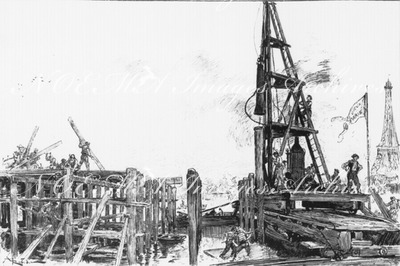 Les travaux en Seine du <<Vieux Paris>>.- Le battage des pilotis.1900年博 セーヌ河に建築中の「古いパリ」 － 基礎杭の並び