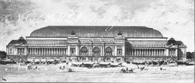 Premiers concours: Les palais des Champs-Elysées.- Facade principale du Grand Palais; projet de M.Tropey-Bailly (5e prime).1900年博 最初のコンペティション： シャン＝ゼリゼ会場の展示場 － 正面ファサード；トロペ＝バイイー氏によるプロジェクト（5席）