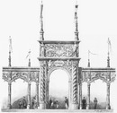 "Installation des classes.- Cloture de la section espagnole, dans le Palais des fils, tissus et vêtements, au Champ-de-Mars." 1900年博 「区分け」の設置 － シャン・ド・マルス会場の糸と布と服館内に設けられたスペインコーナーの区分け門