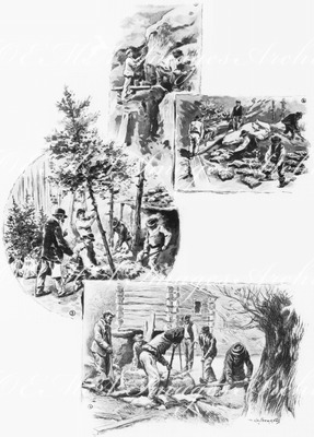 Un site alpestre à Paris.1.Les peintres de rochers.- 2.Gazonnement des prairies.- 3.Plantation des sapins.- 4.Etablissement de roches naturelles sur les bords d'un cours d'eau.1900年博 パリの中の山岳町 1.岩の塗装をする職人たち － 2.牧場の芝生張り － 3.杉の木の植え立て － 4.水の流れのふちに沿って自然の岩を置く