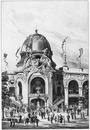 "Le Palais des fils, tissus et vêtements.- Pavillon d'angle, formant jonction avec le Palais de mines et de la métallurgie." 1900年博 糸と布と服館 － 炭鉱と製鉄業館とつながっている建物のコーナー部分