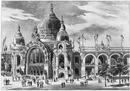 "Le Palais des mines et de la métallurgie.- Facade en pan coupe, et facade en retour sur le parc du Champ-de-Mars." 1900年博 炭鉱と製鉄業館 － 隅切りの正面とシャン・ド・マルス側の入り隅面