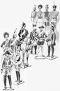 Exposition militaire étrangère rétrospective.- Anciens uniformes de l'armée allemande.- En haut: quatre uniformes de la cavalerie russe (actuelle).1900年博 外国軍回顧展 － 旧ドイツ軍の制服 － 上部4つは、現在のロシア騎兵の制服