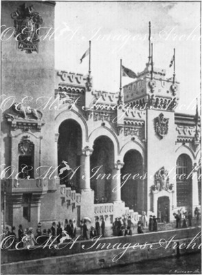 Le Palais des armées de terre et de mer.- Portique de descente sur la facade.1900年博 陸海軍館 － 建物ファサードに出る階段ポーチ