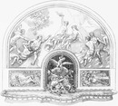 "Le Palais des Invalides.- Fontaine d'applique, avec hauts reliefs et tympan décoratif en céramique modélee et peinte (Section allemande)." 1900年博 アンヴァリッド会場 － 陶磁器で作られ、彩色されたレリーフとタンパンのある噴水の装飾盤 （ドイツコーナー）