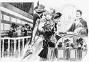 "Les phonographes à l'Exposition.- Les auditions de la classe 18.(Matériel de l'art théâtral.) Le phonographe pour tous, dans les galeries." 1900年博 博覧会場の蓄音機 － 演劇第18番展示場に設置された蓄音機に聞き入る人たち（演劇の台詞） ギャラリー内に設けられた一般用蓄音機