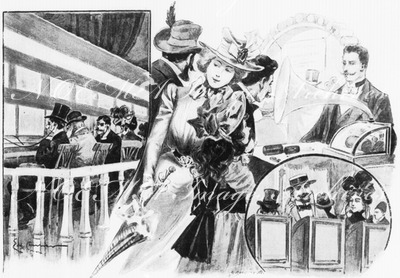 "Les phonographes à l'Exposition.- Les auditions de la classe 18.(Matériel de l'art théâtral.) Le phonographe pour tous, dans les galeries." 1900年博 博覧会場の蓄音機 － 演劇第18番展示場に設置された蓄音機に聞き入る人たち（演劇の台詞） ギャラリー内に設けられた一般用蓄音機
