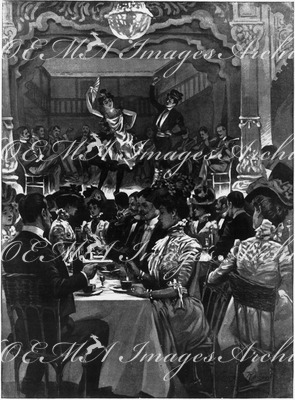 "Rue des Nations.- Danses et orchestres de la <<Féria>>, dans le sous-sol du Pavillon royal de l'Espagne." 1900年博 諸国（ナシオン）通りにて － スペイン王国館の地下で公演されていた「フェリア」のダンサーと楽団