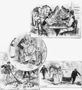 La toilette de l'Exposition.1.Epluchage des légûmes.- 2.Le passage du barbier.- 3.Les provisions matinales.- 4.Balayage des pelouses.1900年博 博覧会場の日常生活 － 1.野菜の皮むき 2.床屋の巡回サービス 3.毎朝の食材運び込み 4.芝生の清掃