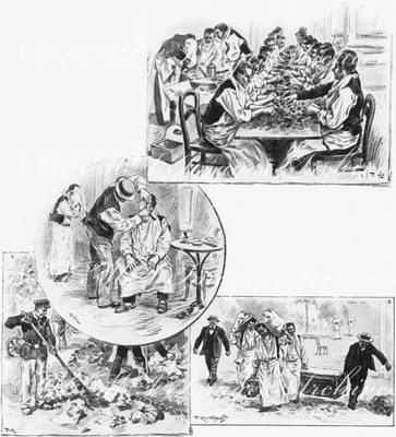 La toilette de l'Exposition.1.Epluchage des légûmes.- 2.Le passage du barbier.- 3.Les provisions matinales.- 4.Balayage des pelouses.1900年博 博覧会場の日常生活 － 1.野菜の皮むき 2.床屋の巡回サービス 3.毎朝の食材運び込み 4.芝生の清掃