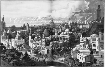 Le parc du Trocadéro.- Ensemble des bâtiments des colonies françaises et pays de protectorat (côté ouest).1900年博 トロカデロ会場 － 各フランス植民地館と、保護領館（西側）