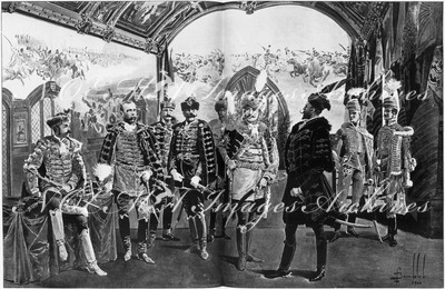 Pavillon de la Hongrie.- Les nobles hongrois dans la salle des hussards.1900年博 ハンガリー館 － 軽騎兵の間にたたずむハンガリー貴族たち