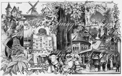 Exposition de l'alimentation.(Sections françaises.) - Les moulins; le navire Le Triomphant; la laiterie; la brasserie; la cidrerie; le Pavillon des vins de Champagne.1900年博 「食」の展示（フランスコーナー） － 風車、大型海洋船「大勝利」、乳製品製造所、ビール製造所、シードル製造所、シャンパーニュ地方のワイン館