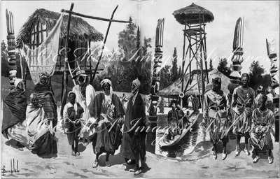 Parc du Trocadéro.- L'Exposition du Dahomey.Femmes indigènes.Marabouts.Pirogue.Tirailleurs indigenes.Maison lacustre.Le mirador du poste.1900年博 トロカデロ会場にて － ダオメー展 原住民の女たち 聖者たち 丸木舟 原住民狙撃兵たち 湖上の家 物見やぐら
