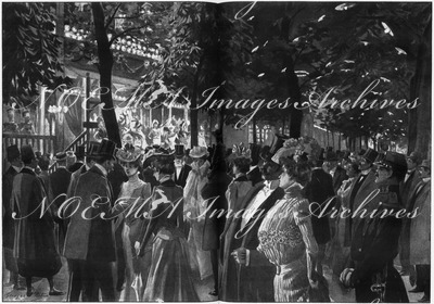 "Les soirées de l'Exposition.- Les parades de la rue de Paris, au Cours-La-Reine." 1900年博 博覧会での夜間パーティー － クール・ラ・レーヌのパリ通りで行われたパレード