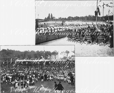 Les sports physiques à l'Exposition.- Le grand concours de gymnastique a Vincennes.- Le défilé dans le vélodrome municipal.1900年博 博覧会におけるスポーツ競技 － ヴァンセンヌの森で行われた体操競技 － 市営競輪場でのデモンストレーション