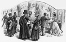 "Les camelots de l'Exposition.- Sous les arbres des Champs-Elysées, aux environs de la porte monumentale." 1900年博 博覧会場の行商人たち － 記念門付近、シャン＝ゼリゼ会場街路樹の下で