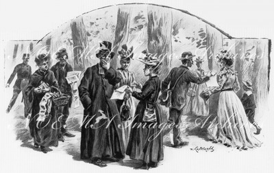 "Les camelots de l'Exposition.- Sous les arbres des Champs-Elysées, aux environs de la porte monumentale." 1900年博 博覧会場の行商人たち － 記念門付近、シャン＝ゼリゼ会場街路樹の下で