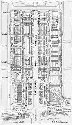 La classification.- Plan d'ensemble des Palais de l'Esplanade des Invalides et de leurs annexes avec l'emplacement des classes.1900年博 分類図 － アンヴァリッド前広場全体とその関連分館を区画割と共に示したもの
