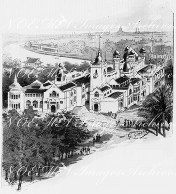 Parc de Trocadéro.Vue à vol d'oiseau de l'Exposition coloniale de la Grande-Bretagne et du Palais de l'Inde.1900年博 トロカデロ会場 英国植民地館と、インド館を鳥瞰する
