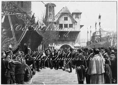 "Le Président de la République reçu par M.A.Picard, a l'entrée de la salle des fêtes" 1900年博 祝祭場入口で、A.ピカール氏の出迎えを受ける共和国大統領