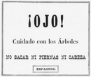 Les 33 affiches du Chemin de fer de l'Exposition le long du quai d'Orsay. : ESPAGNOL オルセー河岸沿いの会場内鉄道の張り紙33枚 スペイン語の「注意！木に気をつけて下さい。頭や足を出さないで下さい。」