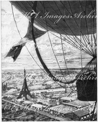 "Le Champ de Mars, vu de la nacelle du ballon captif Lachambre." ラシャンブル式係留気球のゴンドラから眺めたシャン・ド・マルス会場