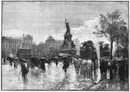 "Paris pendant l'exposition. - La place de la République, point de départ des voitures pour l'Exposition, un jour de pluie." パリ模様 ある雨の日の共和国広場 万博会場行きの馬車乗り場