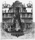 Les paquebots transatlantiques : Fig. 5. - Coupe transversale de 《La Champagne》 par la chambre des machines. 大西洋定期船 図5. 「シャンパーニュ号」機械室の横断面図
