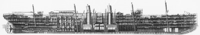 Les paquebots transatlantiques : Fig. 2. - 《La Champagne》. (Coupe longitudinale). 大西洋定期船 図2. 「シャンパーニュ号」 (縦断面図)