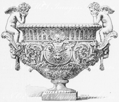 "Jardiniére en marbre et bronzes dorés, executée par la maison Barbedienne." バルブディエンヌ社製の大理石と金メッキのブロンズでできた花入れ