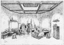 Exposition rétrospective du Travail. - Reconstitution d'un laboratoire de chimiste au XVIIe siècle. 労働の歴史回顧展 17世紀の化学実験室の復元展示