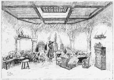 Exposition rétrospective du Travail. - Reconstitution d'un laboratoire de chimiste au XVIIe siècle. 労働の歴史回顧展 17世紀の化学実験室の復元展示