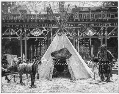 Exposition rétrospective du Travail. - Reconstitution d'un campement samoyede. 労働の歴史回顧展 サモエードのキャンプ生活