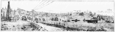 "Le Panorama du Pétrole au pont d'Iéna, de MM. Deutsch. : Vue d'un district pétrolifere en Pensylvanie." ドイッチュ家のイエナ橋での石油のパノラマ ペンシルベニアの石油地帯の眺め