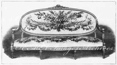 "Canape style Louis XVI, couvert en tapisserie, exposé par la Manufacture nationale de Beauvais." ボーヴェ官立工場出展の綴れ織りの長椅子ルイ16世様式