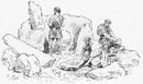 Exposition rétrospective du Travail. - Réconstituion d'un groupe de travilleurs de l'âge de la pierre polie. 労働の歴史回顧展 磨製石器時代の働く人々の復元展示