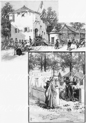 Le Village sénégalais. - 1. Le blockhaus de Salde. - 2. La mosquée. セネガル村 サルデのトーチカ  2. モスク