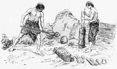Exposition rétrospective du Travail. - Reconstituion d'un groupe de travilleurs de l'âge du bronze. 労働の歴史回顧展 青銅器時代の働く人々の復元展示