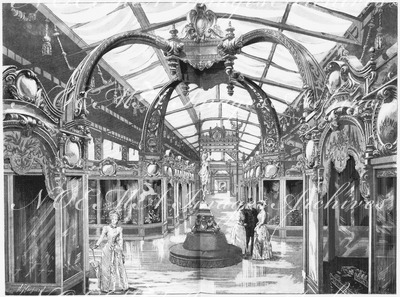 L'Exposition de Paris. - Supplément au N° 55.  Installation de maroquinerie dans le palais des industries diverses. パリ万博 付録55. 産業館館内の皮革製品展示コーナー
