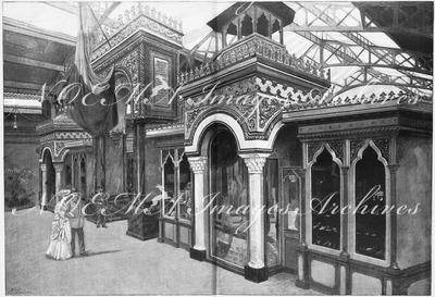 "L'Exposition de Paris. - Supplément au N° 54.  Facade de la section Roumaine, dans le palais des industries diverses." パリ万博 付録 54. 産業館内のルーマニア展示コーナーのファサード