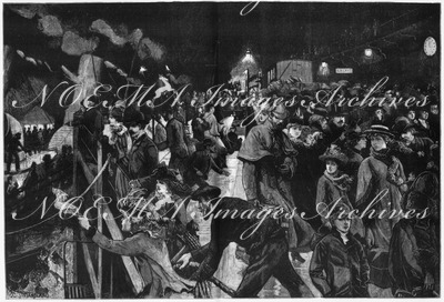 "L'Exposition de Paris. - Supplément au N° 53.  Débarquement, à Douvres, par un gros temps, des voyageurs revenant de visiter l'expositon de Paris." パリ万博 付録 53. 荒天の中でのドーバー上陸 パリ万博見物から戻ってきた旅行者たち