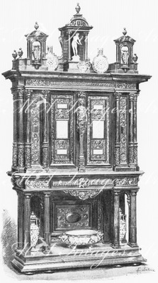 "Armoire à colonnes et cariatides, en noyer sculpté et cire. Exposée par la maison Flachat, de Lyon." リヨンのフラシャ社出展 彫刻を施された蝋引きクルミ材の円柱と女像柱で装飾されたキャビネット