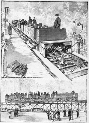 Le chemin de fer glissant à propulsion hydraulique (Système L.-D. Girard perfectionne par A. Barre). 油圧推進（A・バールによって改良されたL-D・ジラール・システム）で滑るように走る汽車