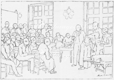 Croquis explicatif du tableau : Une leçon de clinique à la Salpétérière, par M. André Brouillet. アンドレ・ブリュイエ画「サルペトリエール病院の臨床授業」の説明図
