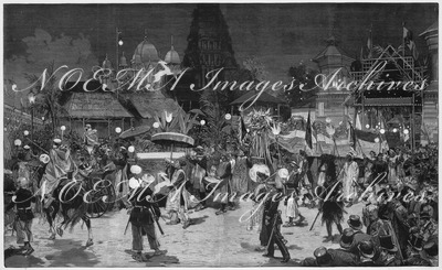 L'Exposition de Paris. - Supplément au N° 41.  Une fête de nuit à l'exposition coloniale de l'esplanade des Invalides. - Le défilé du cortège. パリ万博 付録 41. アンヴァリッド会場の植民地展示場での夜の催し 随行団の行進