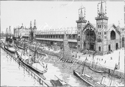 "Facade du Pavillon reservé à la classe 65 (Marine) a l'Exposition universelle, et aspect du bassin à flot." 第65組（海軍）にあてられたパヴィリオンのファサードとウエットドック