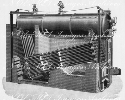 Les générateurs de vapeur : Fig. 4. - Coupe et perspective de la chaudiere multitubulaire inexplosible de MM. Babcock et Wilcox. 蒸気発生器 図4. バブコック・アンド・ウィルコックス式爆発防止型水管ボイラー断面図とパース