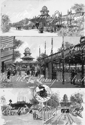 Le Chemin de Fer intérieur de l'Exposition. 1. Station de la Concorde. - 2. Station de la Tour Eiffel. - 3. Le Tunnel de 106 métres. - 4. Station du Palais des Machines. - 5. Une locomotive. 会場内を走る鉄道 1. コンコルド駅 2. エッフェル塔駅 3. 106メートルのトンネル 4. 機械館駅 5. 機関車