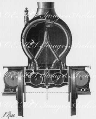 Les locomotives compound : Fig. 5. - Coupe transversale d'une locomotive compound du Chemin de fer du Nord. 複式蒸気機関車 図5. ノール鉄道式複式蒸気機関車横断面図Les locomotives compound : Fig. 5. - Coupe transversale d'une locomotive compound du Chemin de fer du Nord. 複式蒸気機関車 図5